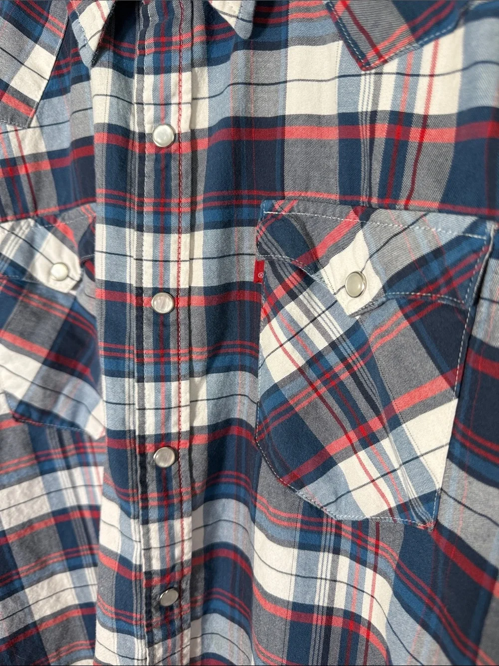 Levi’s Plaid Western Snap Button Shirt XL Red Blue White Brush popper style